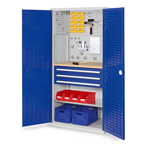 RasterPlan Schlitzplattenschrank mit 3x Schubladen, Fachboden und Werkbank | HxBxT 1950 x 1000 x 600 mm | Blau