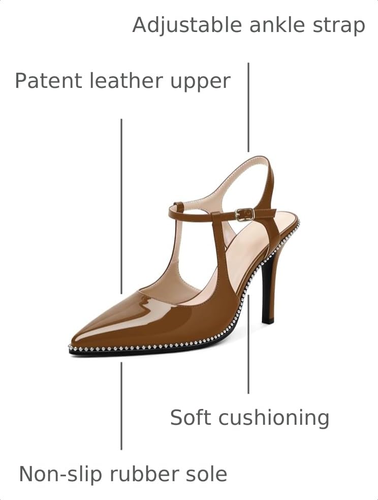 Image of SAMMITOP Womens High Heels Ankle Strap Pointed Toe Stilettos Patent Leather Beaded Pumps Dress Shoes 3.5 Inch
