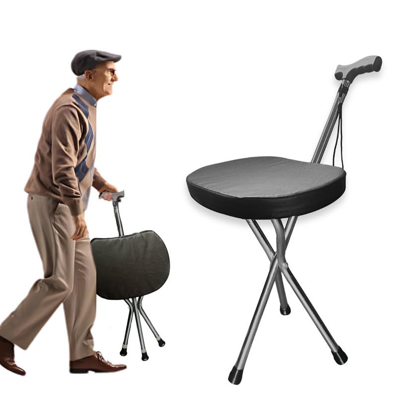 Image of Crysendo Walking Stick Cum Seat for Elders | Stick Chair Folding Durable & Comfortable Cane stik Stool | Easy Carry Cane Chair Travel Hiking Hand Stick Cum Stool (Black) (Black (3 Legs))