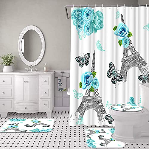 Atgowac 4 Pcs Eiffel Tower Shower Curtain Sets With Rugs, Toilet Lid Cover And Bath Mat, Teal Blue Flower Floral Shower Curtain,Teal Flower Bath Curtain #TOP4