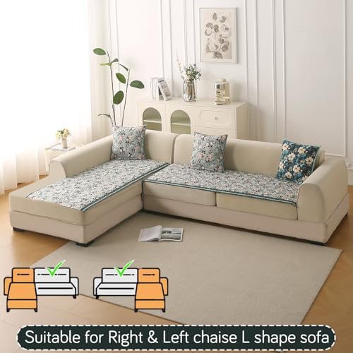 Image of HOKIPO 'Florentina Series' L Shape (3+3 Seater) Sofa Cover Seat Mat | Premium Multi-Needle Quilted Holland Velvet Sofa Mat + Foam Filling + Anti-Slip Backing, Magnolia Green (IN-882-V1*2)