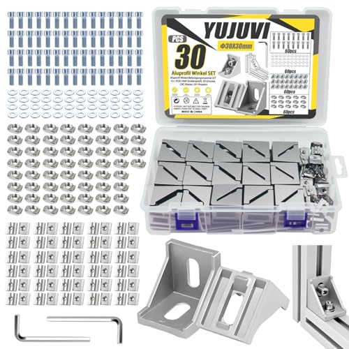 YUJUVI 30 STK Aluprofil Winkel Befestigungsmaterial Alu Profil 30x30 Winkelverbinder Eckwinkel Eckverbinder 90 Grad Alu Winkel für 3030 3060 Strebenprofil 3D-Drucker CNC-Router DIY-Projekte