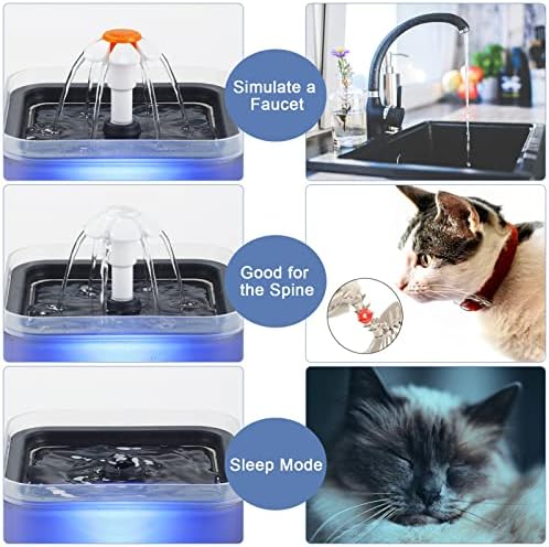 Cat Water Fountain Pet Drinking Dispenser: Kitten Water Bowl with Filter Ultra Quiet LED Level Cat Indoor Anti-bite Protection 2L/67oz Pet Automatic Fountain with Brush for Small Dogs Grey