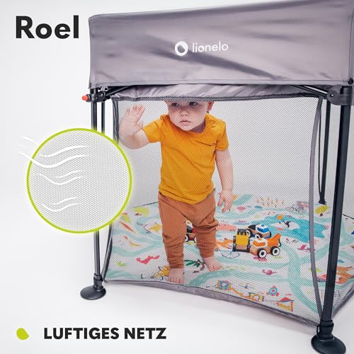 LIONELO Roel Laufstall Baby bis zu 15 kg, Großformat 118 x 118 x 83 cm, sechseckige Form, LockGuard Faltschloss, verstärkte Basis, rutschfeste Fußkappen, Schutztasche (Grau)
