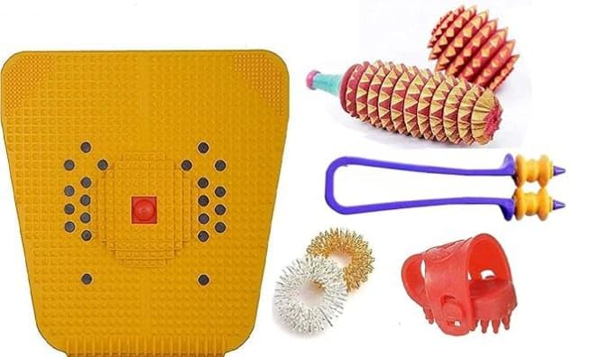 Image of Acupressure kit yoga Mat Ring Thumb Pad, Wooden Karela Ball Power Foot Mat Combo blood circulation pain & stress relief toos kit