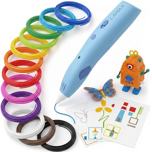 LAMAX ArtKid1 3D Stift für Kinder – kabelloser 3D-Druckstift mit TouchSafe, 37 m 12 PCL-Filamentfarben, USB-C, 2 Geschwindigkeiten, 2 Temperaturstufen, kreatives Geschenk für Mädchen & Jungen (Blau)