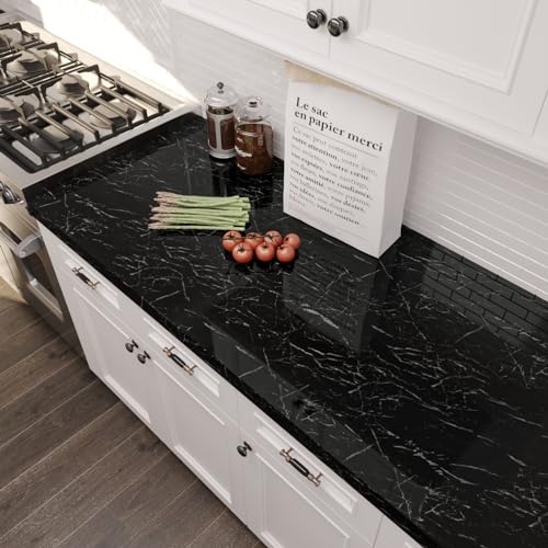 Image of VEELIKE Glossy Black Marble Contact Paper for Countertops Waterproof Peel and Stick Countertops Contact Paper 15.7''x118'' Self Adhesive Vinyl Marble Wallpaper for Kitchen Bathroom Counter Top Covers