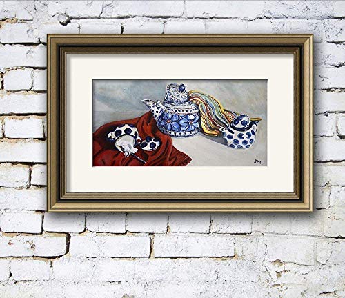 Polish Pottery Unikat Teapot Wall Decor Art Print Blue Americana Farmhouse Kitchen, Size Mat Option #TOP3