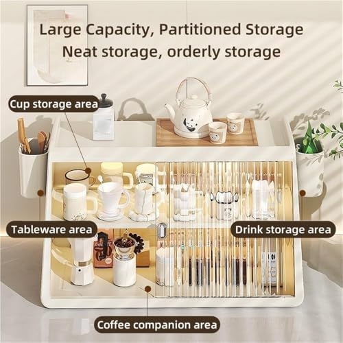 2-Layer Coffee Mug Holder with Transparent Sliding Doors | Kitchen Countertop Tea Cup Storage Rack | Durable PP Plastic Shelves for Home Organization and Decor