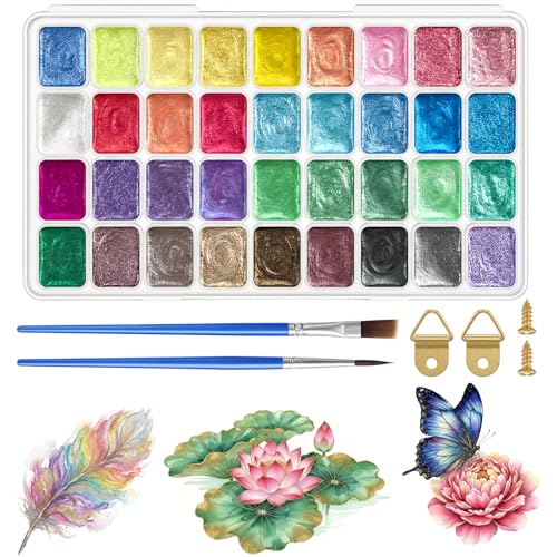 Xishoyen 36 Farben Metallic Aquarellfarben Set Metallic Wasserfarben Solid Glitzer Wasserfarbkasten Perlmuttartige Meta-llic Watercolor Tragbar Glitzer Aquarellfarben für Künstler Maler