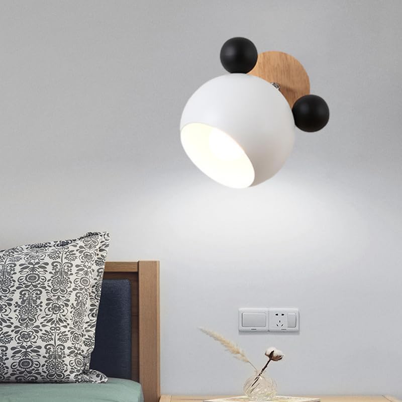Cartoon Mouse Wall Lamp Iron LED 350° Adjustable Wall Sconces Fixtures Mid Century Modern Cute Wall Lights Indoor Decor Wall Lighting Fixture for Kids Boys Girls Bedroom (White1)