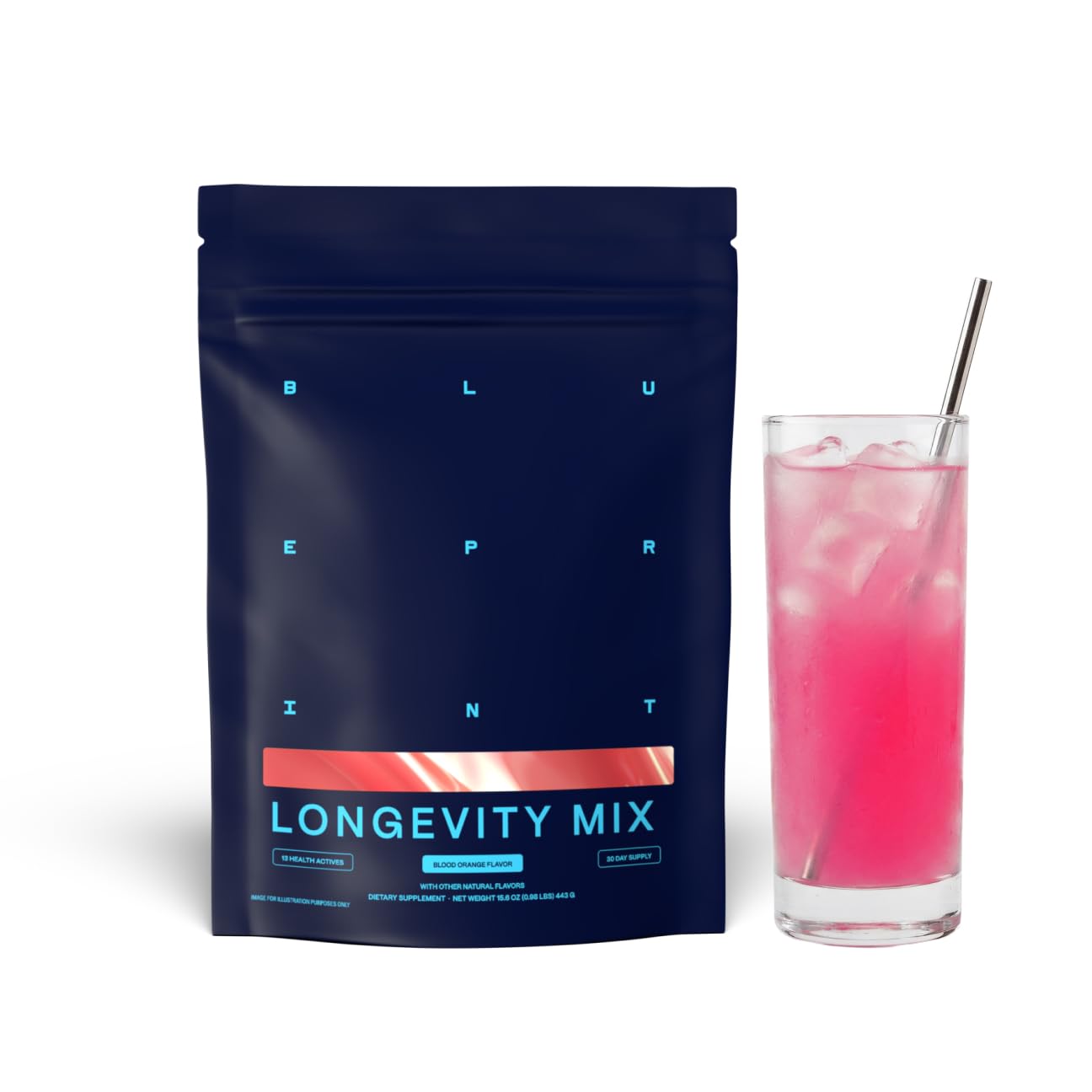 Blueprint Bryan Johnson Longevity Mix - Muscle Builder & Recovery Supplement - Promotes Focus and Balanced Mood - Magnesium, Creatine, L-Theanine, Glutathione & Vitamin C- 30 Servings, Blood Orange