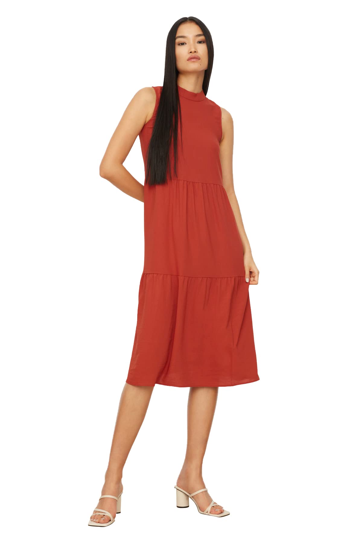 Trendyol Women's Midi Shift Regular Fit Woven Dress, Tile, 10