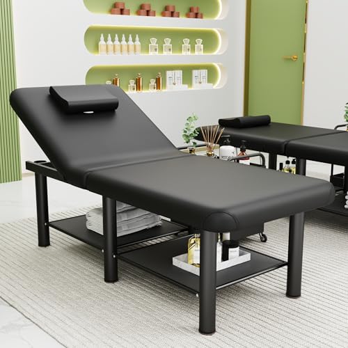 pouseayar 30.5\'\' Wide × 75\'\' Long Stationary Massage Table Folding Bed with Backrest for Treatment Table Physical Therapy Table Spa Facial Bed, Metal Frame PU Leather - Black - Thumbnail 6