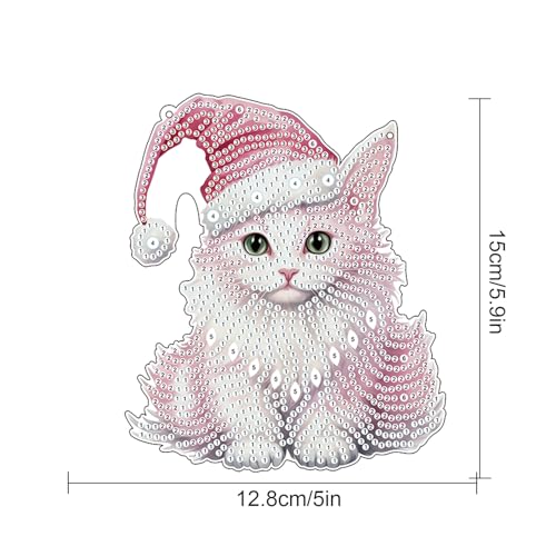 Image of DIY 5D Diamond Painting Hanging Ornament Christmas Cat Design, Crystal Rhinestone Diamond Art Pendant, Handmade Suncatcher for Home, Wall, Window, and Holiday Gift