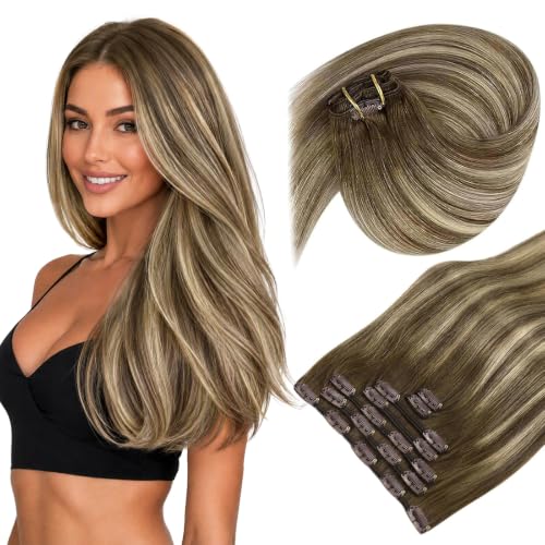 Image of Sunny Hair Clip in Hair Extensions Real Human Hair Balayage Brown 120g | Clip in Human Hair Extensions 16 Inch, Natural Volume and Balanced Shape, Soft Movement for Busy Workdays, Soft Texture