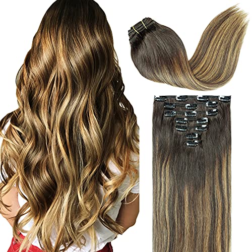 yarvec Hair Extensions Clip in Human Hair 18 Inch 120g 7pcs Ombre Chocolate Brown to Caramel Blonde Straight Remy Clip in Hair Extension Real Natural Hair Extensions