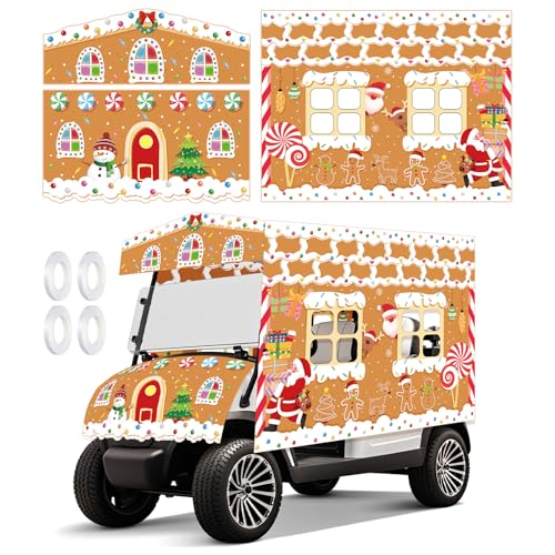 Tegeme 4 Pcs Christmas Gingerbread House Golf Cart Decorations Colored Lights Candy Cane Backdrop with Ribbon Decorative for Xmas Parades Party Supplies(Gingerbread House)