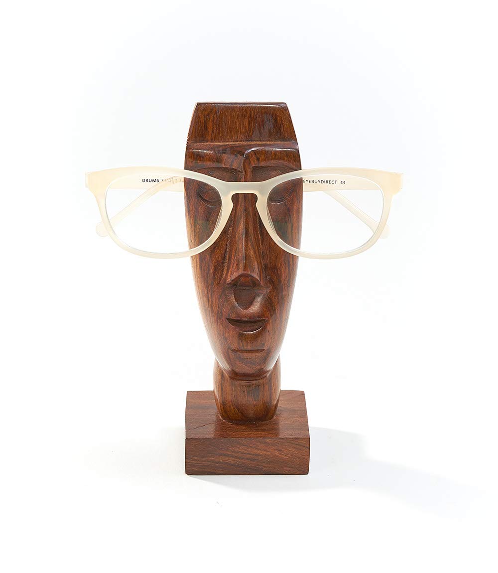 Matr Boomie Quirky Hand Carved Solid Wood Face Statue Glasses Stand, Optical Spectacle & Sunglasses Holder, Eyeglass Holder Stand for Office, Nightstand Organization, Gift for Him/Dad, Her/Mom
