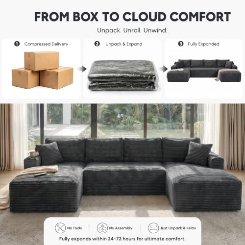 Image of 133 inch Oversized Cloud Boneless Sofa Couch with Chaise, Modern Corduroy U Shaped Modular Sectional Sofa with Deep Seat, Comfy Couch with Cupholders and Storage, No Assembly Required-Grey