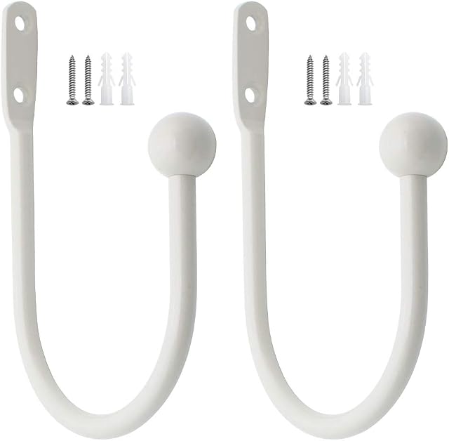 DXLing 2 Pieces Metal Curtain Holdback Decorative Curtain Drapery Holdbacks Arms Wall Mounted Curtain Tie Backs Drapery Holdbacks Hooks with Screws for Fixed Curtain and Hanging Clothes (Cream White)