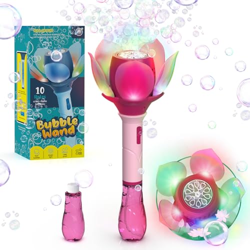 PANACARE Bubble Wand Blower for Kids Handheld Lotus Bubble Wand Automatic Bubble Machine with Battery/Light/10000+Bubbles/Bubble Solution Bubble Toy Gift for Girl Boys Party Weddings Outdoor Indoor