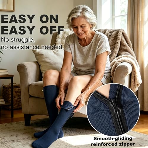 Image of CASMON 2 Pairs Zipper Compression Socks for Women & Men,15-20 mmHg Closed Toe Knee High Support Sock for Varicose Vein Edema