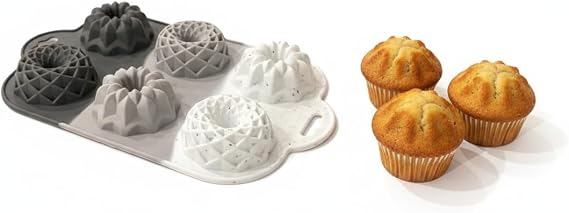 6 Bölmeli Silikon Muffin ve Mini Kek Kalıbı - 3 Farklı Estetik Geometrik Desen, Yapışmaz ve Esnek Pişirme Seti, Modern Degrade Tasarım (Gri-Beyaz-Antrasit)