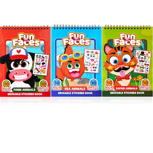 Image of JOYIN Make-a-Face Reusable Sticker Books 3-Pack (Safari, Farm, Sea Animals) - Travel Toys Activity Pad for Kids Ages 4-8(30 Scenes)