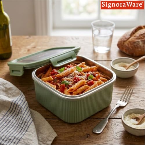 Image of Signoraware Lock N Store Microsafe Steel Square Container+ Lid(800ml,Egreen)