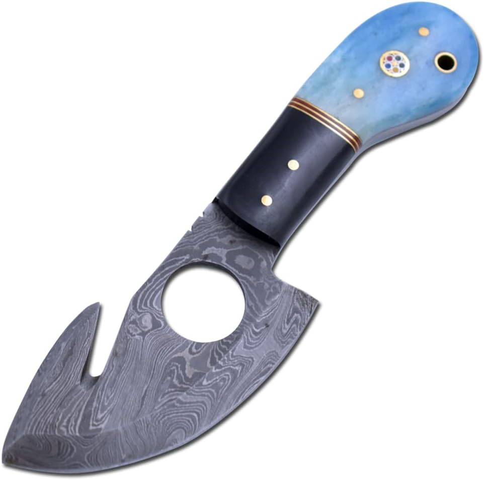 Wild Turkey Handmade Damascus Steel Color Bone Handle Fixed Blade Full Tang Skinner Knife w/Leather Sheath Hunting Camping Fishing Outdoor (Blue)