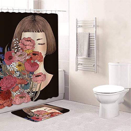 Su.B Conjunto de cortina de duche com tapete para casa de banho e ganchos de poliéster 120 x 180 anti-mofo, tapetes antiderrapantes impermeáveis, 40 x 60, para meninas flores
