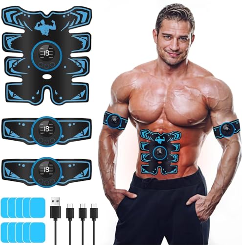 flintronic Electroestimulador Muscular, EMS Abdominal Electroestimulación, 8 Modos y 19 Intensidades, USB Recargable Electroestimulador, EMS Estimulación para Bras, Abdomen, Piernas (Azul)