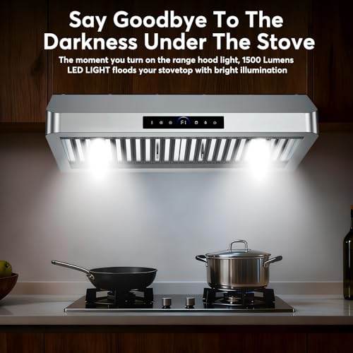 Image of 30 Inch Under Cabinet Range Hood 1200 CFM, 4-Speed Kitchen Hood with Touch Control & Gesture Sensing Stainless Steel Kitchen Stove Vent Hoods with 2 LED Lights Supreme Series
