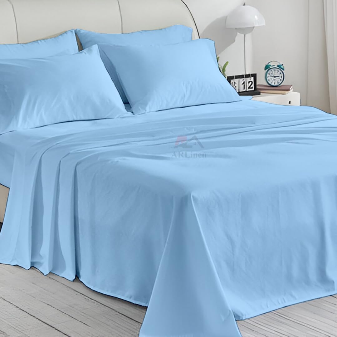 ARlinen Queen Sheet Set – 100% Cotton, 6-Piece Sateen Weave Bedding – Deep Pocket Cooling Sheets – 4 Pillowcases – Light Blue (Queen) - Image 2