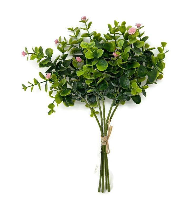 Image of Artificial Eucalyptus Bouquet with Baby Breath Pink Flowers - 6 Stems Faux Greenery Bunch, 33cm Height for Home, Office, Wedding & Party Decoration (Vase not Included)