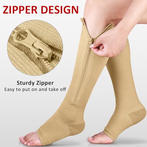 Image of Ailaka 3 Pairs Compression Socks with Zipper, 15-20 mmHg Medical Knee High Compression Socks for Men Women, Open Toe Socks for Varicose Veins, Edema, Recovery(Beige, XXL)