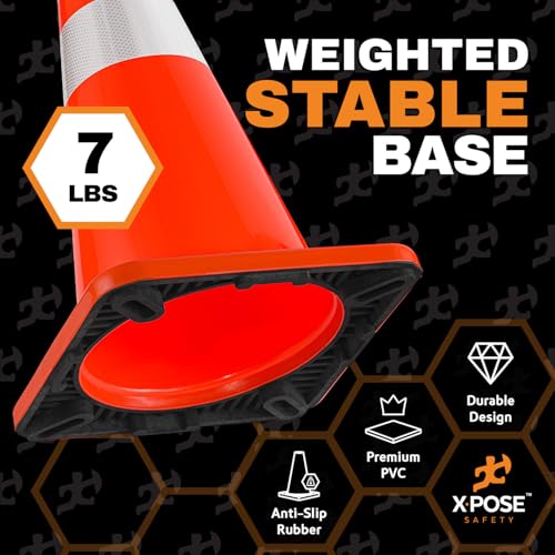 Image of Xpose Safety 28 Inch Orange Traffic Cones with 6 inch & 4 inch Collars, 48-Pack