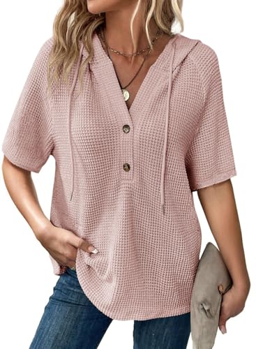 Dokotoo Womens Summer Tops 2025 School Outfits for Teachers Lightweight Waffle Knit Short Sleeve Drawstring Hoodie Button V Neck Blouses T Shirts Pullover Sweatshirt Sweater Outfits Pink Large
