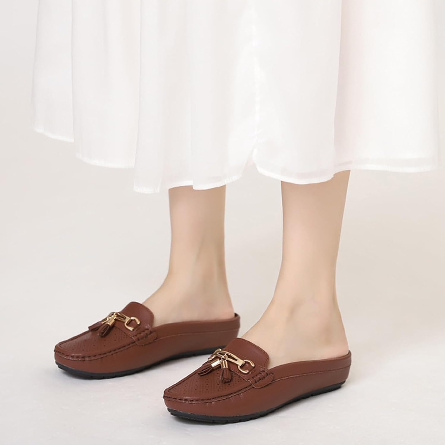 Women's Leather Tassel Metal Buckle Mules Casual Comfortable Round Toe Backless Slip On Flat Moccasin Clogs Lightweight Daily Work Office Walking Slides