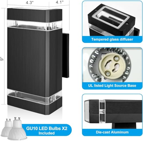 Image of Dusk to Dawn Outdoor Wall Light Modern Up Down LED Wall Sconce, Aluminum Waterproof Exterior Lighting Fixture Porch Lights for House Patio Sensor ETL