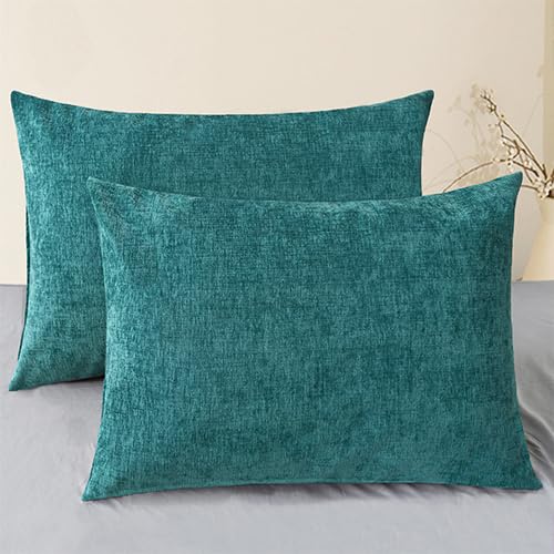 Image of CaliTime Pack of 2 Cozy Standard Pillow Shams Cases for Bed Bedding Decoration Solid Dyed Soft Chenille 20 X 26 Inches Teal