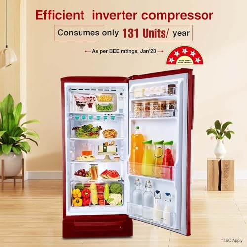 Image of Godrej 180 L 5 Star Inverter, Turbo Cooling Technology, 24 Days Farm Freshness Direct Cool Single Door Refrigerator With Base Drawer(2023 Model, RD EDGENEO 207E TDI BH WN, Blush Wine)