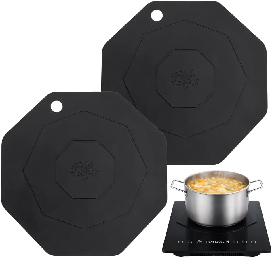 Silicone Induction Cooktop Mat (9.25inches) – Heat‑Resistant & Scratch Protector for Magnetic Stove and Induction Cooktop Only - Octagon 2-Pack (Black)