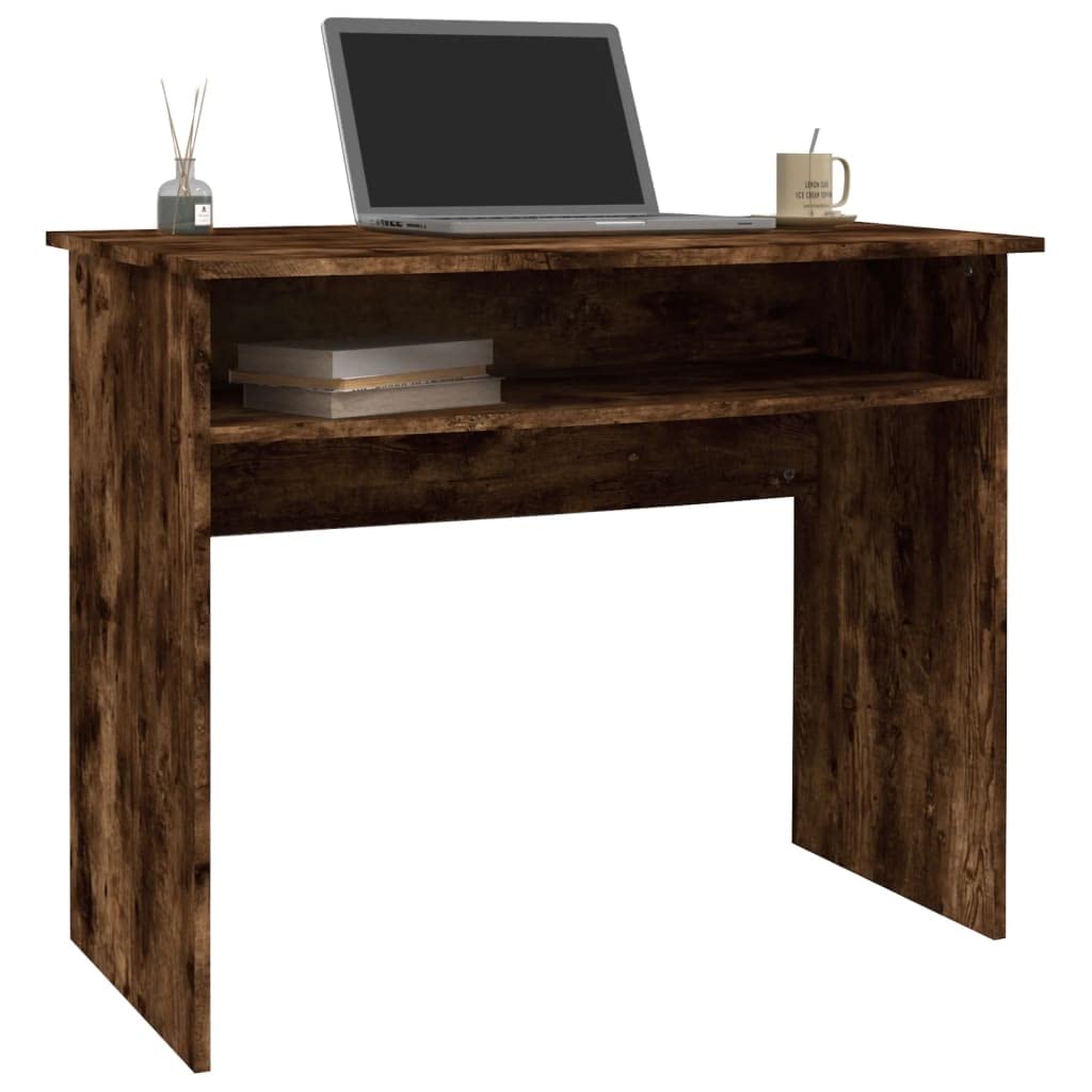 Scrivania in legno di rovere affumicato, 90 x 50 x 74 cm, con vano portaoggetti, stabile scrivania per computer, per ufficio, casa, studio, ideale come tavolo da lavoro o segretario per