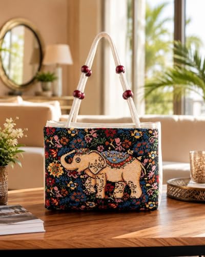 Image of Elephant Print Canvas Tote Bag for Women, Ethnic Shoulder Handbag with Multicolor Elephant Design, Dual Handle Everyday Carry Bag for Shopping, Office, College, Travel & Daily Use
