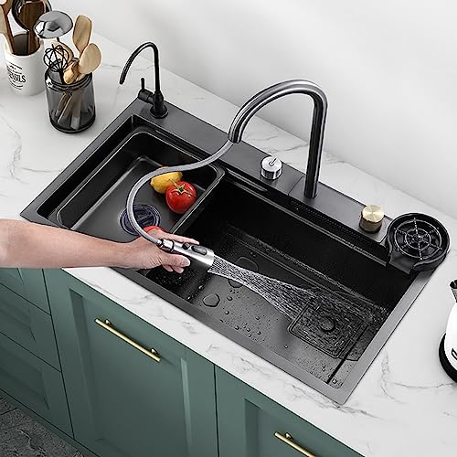Nano Raindance Waterfall,Drop-in Kitchen Sink Black, stainless Steel Nano Waterfall Sink, With Pull-down Faucet Chopping Board And Cup Washer Workstation Sink Accessories(75 * 45cm)