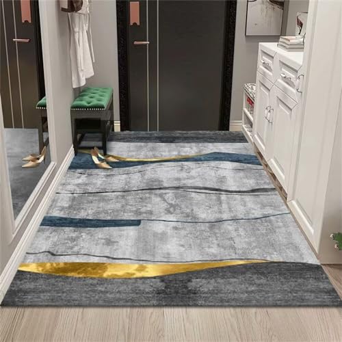 Tapis de maison design géométrique gris-bleu 70x140cm aux finitions graphiques modernes