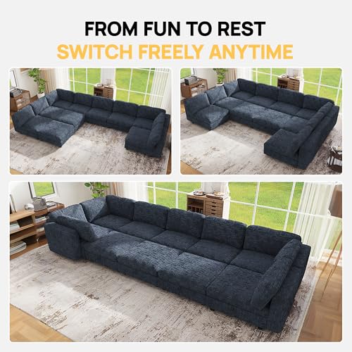 Image of Oversized Modular Sectional Chenille Sofa Bed with Hidden Storage, Comfy Modern 10 Seater Deep Seat Couch, Modular Sectional with Ottoman and Removable Cover for Living Room, Apartment, Black