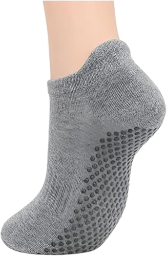 MEGASO Non-Slip Yoga Socks, Grey Cotton Ankle Length with Grip Dots, Anti-Skid Exercise Footwear for Pilates, Barre, Dance,Ballet,1 pair